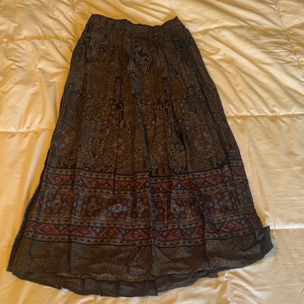 Boho Medallion Print Maxi Skirt - Black with Red Accents